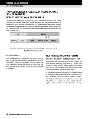 part-numbering systems
Tapered Roller Bearings
72 TIMKEN TAPERED ROLLER BEARING CATALOG
Part-numbering systems for radial tapered
roller bearings
How to identify your part number
The part-numbering systems for single-row radial tapered roller bearings (type TS) are
internationally recognized. Several part-numbering systems have been developed that can be
classified according to metric or inch systems. Inch system bearings are normally assigned
individual part numbers for the inner ring and for the outer ring, whereas ISO (metric) bearings
are assigned a unique part number for the bearing assembly as a whole, which includes both
inner and outer ring.
Inch part-numbering systems
Original inch part-numbering system
The original system developed by The Timken Company was
based on a family of bearings designed around a common roller.
Varying the number of rollers and the angle of the raceways
allows different bearings to be designed for predominantly radial
loads (shallow angle) or thrust loads (steep angle).
For example, all the tapered roller bearings in the 500 family use
the same roller. However, the 595 Series has a steep angle and 24
rollers while the 525 Series has a shallow angle and 15 rollers.
Individual part numbers are assigned to the inner and outer rings.
Although there are exceptions, the general rule is that the outer
ring has a part number that is lower than that of the inner ring.
NOTE: ISO 355 is a dimensional plan for metric tapered roller bearings. See page 78 for more details on ISO 355.
Fig. 25. Part-numbering standards.
Bearing series
In all the part-numbering systems, the term bearing series is
used to describe bearings having the same basic internal
geometry (e.g. roller size, inner-ring and outer-ring angles). Any
innerring(including rollerset)canbematchedwithanyouterring
within the same series providing that the same type of bearing
is being used.
	 INCH 	 METRIC
	
ISO 355
	 ORIGINAL 	 ABMA	 J-LINE	 ORIGINAL METRIC	 J-PREFIX
 