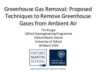 Greenhouse Gas Removal: Proposed
Techniques to Remove Greenhouse
Gases from Ambient Air
Tim Kruger
Oxford Geoengineering Programme
Oxford Martin School
University of Oxford
18 March 2014
 