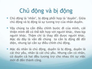 Chủ động và bị động
 Chủ động là "nhân", bị động phối hợp là "duyên". Giữa
  chủ động và bị động là sự tương trợ của nhân duyên.

 Vậy chúng ta cần điều chỉnh bước đi của mình, cải
  thiện mình để có thể kết hợp với người khác, theo kịp
  người khác. Thậm chí là thay đổi được người khác.
  Mặc dù đây là vấn đề chúng ta cần bị động để đối
  diện, nhưng lại cần sự điều chỉnh chủ động.

 Mặc dù nhân là chủ động, duyên là bị động, duyên là
  cái thứ yếu, nhân là cái chủ yếu. Nhưng cần có nhân,
  có duyên cả hai đều tương trợ cho nhau thì sự việc
  mới đi đến thành công.
 