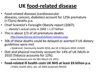 UK food-related disease
• Food-related diseases (cardiovascular
diseases, cancers, diabetes) account for 125k premature
(<75yrs) deaths p.a.
• Chief Scientist’s Foresight Obesity report (2007):
– obesity’s actual costs in 2002 = c £7 billion

• This is about 2/3 of all premature deaths
http://www.bhf.org.uk/research/heart-statistics.aspx

• 30k of these deaths could be delayed or averted if UK dietary
guidelines were met
J Epidemiol Community Health 2010, doi:10.1136/jech.2010.114520

• Diet and physical inactivity account for 14% of UK DALYs in
2010 (Tobacco accounts for 12%).
www.thelancet.com Vol 381 March 23, 2013

• Food-related ill health costs UK NHS at least £6 billion p.a.
J Public Health 2011, doi: 10.1093 /pubmed /fdr033

9

 