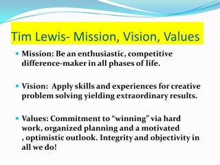 Tim Lewis- Mission, Vision, Values Mission:Be an enthusiastic, competitive difference-maker in all phases of life. Vision:  Apply skills and experiences for creative problem solving yielding extraordinary results. Values: Commitment to “winning” via hard work, organized planning and a motivated , optimistic outlook. Integrity and objectivity in all we do! 