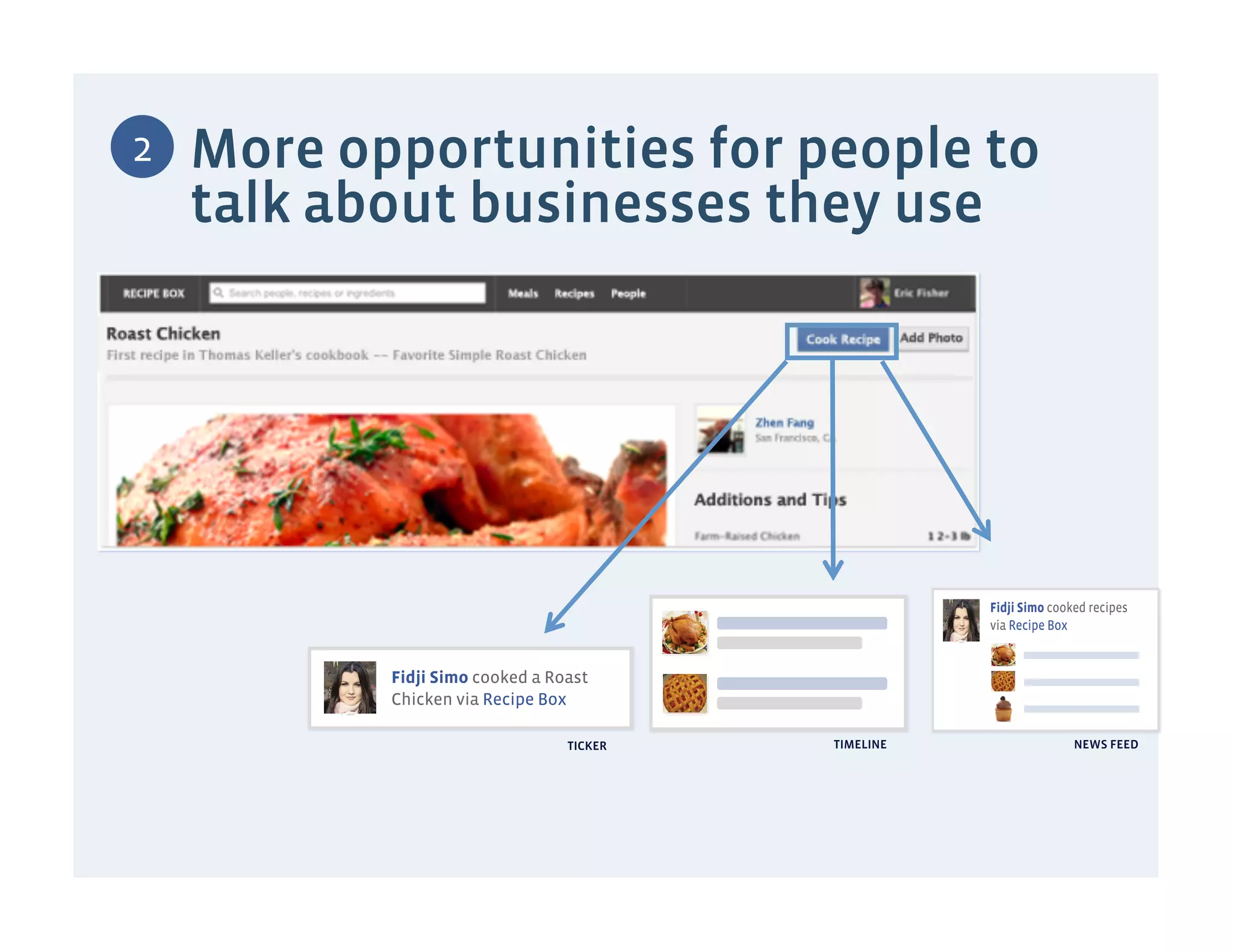 2   More opportunities for people to
    talk about businesses they use




                                                     Fidji Simo cooked recipes
                                                     via Recipe Box


           Fidji Simo cooked a Roast
           Chicken via Recipe Box

                                 TICKER   TIMELINE                  NEWS FEED
 