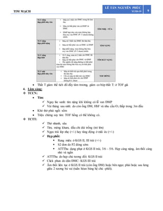 TIM MẠCH 9
LÊ TẤN NGUYÊN PHÚC
Y13D-19
 Thất T giảm thể tích đổ đầy tâm trương, giảm co bóp thất T: ở TOF già
4. Lâm sàng:
 TCCN:
 Tím:
 Ngay lúc sanh: tím nặng khi không có lỗ van ĐMP
 Vài tháng sau sinh: do còn ống ĐM, HbF và nhu cầu O2 thấp trong 3m đầu
 Khó thở phải ngồi xổm
 Triệu chứng suy tim: TOF hồng có thể không có.
 TCTT:
 Thở nhanh, sâu
 Tím, móng khum, đầu chi dùi trống (trẻ lớn)
 Ngực trái lép nhẹ (+/-) hay tăng động ở mũi ức (+/-)
 Hẹp phổi:
 Rung miêu ở KGS II, III trái (+/-)
 S2 đơn do P2 đóng sớm
 ATTThu dạng phụt ở KGS II trái, 3/6 – 5/6. Hẹp càng nặng, âm thổi càng
nhỏ và ngắn
 ATTThu do hẹp chủ tương đối: KGS II trái
 Click phun do dãn ĐMC: KGS III trái
 Âm thổi liên tục ở KGS II trái (còn ống ĐM) hoặc bên ngực phải hoặc sau lưng
giữa 2 xương bả vai (tuần hòan bàng hệ chủ -phổi).
 