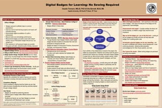 Template provided by: “posters4research.com”
Digital Badges for Learning: No Sewing Required
Claudia Timmann, MSLIS, PhD & Erika Bennett, MLIS, MS
Capella University; 225 South 6th Street, 10th Floor
Badges as a Digital Curriculum & Flexible Assessment Model
Badge Curriculum Design Resources
Utility of Badges
• “Badges represent scaffolded steps to common
expectations”
• Used as a tool to track learning progress and inspire self-
motivated learning
• Demonstrates digital accreditation of a skill or
achievement.
• Measure tasks and acknowledge performances.
• Measurement badges can build on each other toward
mastery (versus Participation badges that just say “you
showed up”)
• Peer assessed or self assessed badges are possible.
• Recognize soft skills: critical/innovative thinking, teamwork,
or effective communication
1. digitalme Badge Canvas: http://www.digitalme.co.uk/badgecanvas/
2. Badg.us (Open Source): http://www.scoop.it/t/about-badges
3. Badge System Design Template (Mozilla): [Look for “Badge
System Design Template] Google Docs (their browser-integrated
BadgeKit is in private beta) http://www.scoop.it/t/about-badges
4. Forallbadges.com
5. Openbadges.org
6. Toolness.github.io/chicago-badge-studio.html
7. Passport app developed by Purdue University : faculty give
students digital badges that demonstrate mastery of skills
http://www.itap.purdue.edu/studio/passport/
Discovery Process: Get to Know Your End User
Developing Personas of Ideal Learner
Appraise and understand the needs of learners and use this
information to develop information services (SWOT analysis)
Competency Mapping
Online competency mapping tools like Sophia.org can help
define the exact competencies and learning outcomes desired
through a badge network.
User Stories
• Badges can benefit low performing learners
• Different types of badges effect different learners’ motivation
and goals
• Students and faculty can use Open Badges to promote
achievements with Blackboard Learn courses
Academic Institutions Using Badges
1. Georgia State University J. Mack Robinson College of
Business – Robinson Digital Badge
• Badges offered in these areas:
•
2. Indiana University - BOOCs (Big Open Online Courses)
• Through Mozilla’s Open Badges initiative, award digital
badges that allow students to showcase their work and
employers to recognize skill sets
• Badges are based on Assessment Practices, Assessment
Principles, and Assessment Policies
3. CREDO Reference Information Literacy Course Module
• Standards-driven info lit instruction
• Provides multi-media materials that highlight skills
development
4. Portland State University Library: Digital Badges for
Creativity and Critical Thinking Project (graphical
representations of acquired skills)*
5. Purdue’s Passport Badge Learning System
• Demonstrates academic achievement through
customizable badges
• Guides students through tasks and allows faculty to
follow progress and connect badges to course objectives
Career Competencies & Discipline Ties
Game Theory Design Model
Badges & Domain Specific Career Skills – Capella University Library had
intended to develop information literacy badges for the Human Resources
program to foster info skills for corporate environmental scans in 2013.
Information Skills to Complete an Environmental Scan (HR
professionals)
Gamification (incorporation of aspects of game playing) is
increasingly being seen as a method for improved learning
design and learning motivation. Many video game and learning
media companies are adopting badges as reward systems for
mastery of learning.
Badge Stories
• The MacArthur Foundation: currently doing work with digital
badges involving a funding initiative in partnership with the
Mozilla Foundation.
• Portland State University Library: faculty, librarians, and other
stakeholders collaborated to develop the curriculum Digital
Badges for Creativity and Critical Thinking*
Community of Practice
Badge Google Group
Mozilla Open Badges community space.
http://groups.google.com/group/openbadges/topics
Includes:
• library-related sub-group
• weekly digest
• weekly calls
Quick Badge Design Tips
Make meaningful experiences - Don’t just focus on the visual
side of badges. Think about the lifecycle of the badge and the
experiences it acknowledges.
Endorsements hold weight – Consider whether the library will
be the endorser, or whether a larger body would be more
impressive.
Map out all the badges you can on the front end – Looking at
all your badges as a whole curriculum will help keep later
badges from muddling earlier ones.
Incremental, granular badges can be very rewarding – can
be used for scaffolded skill building, faculty development, nurse
continuing education, reference desk acquisition
acknowledgement for Work Study students, and more
Don’t ignore the visuals – Better looking badges are perceived
as having more esteem.
Additional Resources & Tools
1. The Badge Alliance - http://badgealliance.com
2. Badge Forge – used for issuing, earning, and researching
badges connected to Mozilla Badge Backpack
3. Achievery.com - global platform for recognizing and
verifying skills and credentials
4. What is an Open Badge System and How to Implement It -
http://www.slideshare.net/Ebizon/what-is-an-open-badging-
system-and-how-to-implement-it
5. Badge Lab Tutorial -
http://badgelab.herokuapp.com/tutorial/67062
6. Credly makes achievements more visible
7. Other institutions using badges
8. Student-made badges as self-assessment
http://digitalis.nwp.org/resource/4274
Badge System Design Model
from Little Bird Games Littlebirdgames.com
Persona
Creation
Learning
Objectives
Bloom’s
Taxonomy
Badge
Design
Taxonomy
Badge
Criteria
Skill Tree
Direct Badge Issuance
learner learning
application
badge badge
backpack
LRSoptional
Indirect Badge Issuance
learning
application
badge badge
backpack
LRS
learner
learning
application2
assessment
system
Environmental
Scan
Define
Need
Formulate
Questions
Access Sources
Using Strategies
Evaluate
and
Reassess
Business Innovation Change Management
Creative Thinking Leadership Excellence
Lean Six Sigma Managerial Coach
Marketing Excellence Project Management
Due to attrition of key stakeholders involved in the project, this
stalled any advancement. Research will continue with the goal of
partnering with Sophia.org to develop information literacy badges
in areas such as: ethics around writing, problem solving, critical
thinking related to appropriate research strategies, and more.
For more information, see: Easley, D. & Ghosh, A. “Incentives, gamification, and game theory: An economic approach
to badge design.” http://www.arpitaghosh.com/papers/EC-final.pdf
From: Regan, D., Raybourn, E. M. & Durlach, P.J. “CHAPTER 20 ‒Learner Modeling Considerations for a Personalized
Assistant for Learning (PAL).“ Design Recommendations for Intelligent Tutoring Systems - Volume 1: Learner Modeling
http://eduworks.com/wp-content/uploads/resources/DesignRecommendations.pdf
Zhang, X., Majid, S., and Foo, S. (2010). Environmental scanning: An application of information literacy skills
at the workplace. Journal of Information Science, 36, 719-732. DOI: 10.1177/0165551510385644
Fontichiaro, K. and Elkordy, A. (2013). From stars to constellations: Digital badges can chart growth.
Learning & Leading with Technology, 41(4), pp.12-15.
 