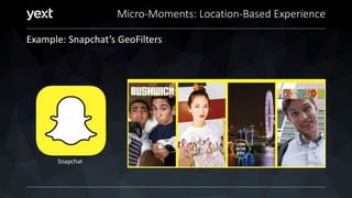Micro-Moments: Location-Based Experience
Example: Snapchat’s GeoFilters
Snapchat
 