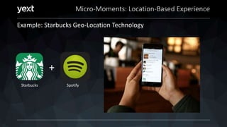 Micro-Moments: Location-Based Experience
Example: Starbucks Geo-Location Technology
Starbucks Spotify
+
 