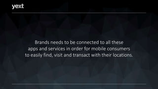 Brands needs to be connected to all these
apps and services in order for mobile consumers
to easily find, visit and transact with their locations.
 