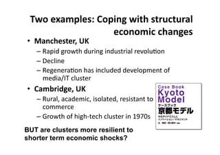 WC(+$O&-.)$3;+,(.1"7+C1#8+3#%56#5%&)+
                  $6("(-16+68&"7$3+
•  X&"68$3#$%?+@A+
   –  J4&'9*)/%G.3*9,/'()*'(9,-./'4$*/"#%$,;%(*
   –  !"<$'("*
   –  J")"("/4;%(*34-*'(<$,9"9*9"#"$%&1"(.*%7*
      1"9'4U:0*<$,-."/*
•  ,&-9%147$?+@A+
   –  J,/4$@*4<49"1'<@*'-%$4."9@*/"-'-.4(.*.%*
      <%11"/<"*
   –  N/%G.3*%7*3')3b."<3*<$,-."/*'(*BWYe-*
BUT are clusters more resilient to
shorter term economic shocks?
 
