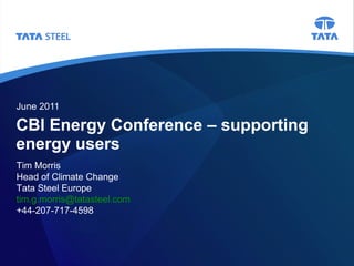 CBI Energy Conference – supporting energy users June 2011 Tim Morris Head of Climate Change Tata Steel Europe [email_address] +44-207-717-4598 
