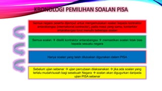 KRONOLOGI PEMILIHAN SOALAN PISA
Semua negara peserta dijemput untuk mengemukakan soalan kepada kontraktor
antarabangsa (international contractor), pada masa yang sama, kontarktor
antarabangsa turut menulis beberapa soalan
Semua soalan  diteliti kontraktor antarabangsa  memastikan soalan tidak bias
kepada sesuatu negara
Hanya soalan yang telah diluluskan digunakan dalam PISA
Sebelum ujian sebenar  ujian percubaan dilaksanakan  jika ada soalan yang
terlalu mudah/susah bagi sesebuah Negara  soalan akan digugurkan daripada
ujian PISA sebenar
 