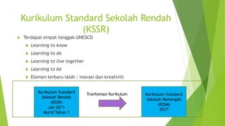 Kurikulum Standard Sekolah Rendah
(KSSR)
 Terdapat empat tonggak UNESCO
 Learning to know
 Learning to do
 Learning to live together
 Learning to be
 Elemen terbaru ialah : inovasi dan kreativiti
Tranfomasi KurikulumKurikulum Standard
Sekolah Rendah
(KSSR)
Jan 2011
Murid Tahun 1
Kurikulum Standard
Sekolah Menengah
(KSSM)
2017
 