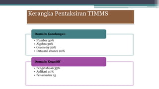 Kerangka Pentaksiran TIMMS
• Number 30%
• Algebra 30%
• Geometry 20%
• Data and chance 20%
Domain Kandungan
• Pengetahuan 35%
• Aplikasi 40%
• Penaakulan 25
Domain Kognitif
 