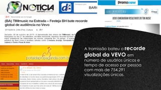 A tramissão bateu o recorde
global da VEVO em
número de usuários únicos e
tempo de acesso por pessoa
com mais de 754.291
visualizações únicas.
 