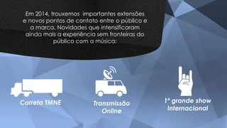 Em 2014, trouxemos importantes extensões
e novos pontos de contato entre o público e
a marca. Novidades que intensificaram
ainda mais a experiência sem fronteiras do
público com a música:
Carreta TMNE Transmissão
Online
1º grande show
Internacional
 