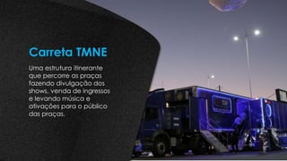 Uma estrutura itinerante
que percorre as praças
fazendo divulgação dos
shows, venda de ingressos
e levando música e
ativações para o público
das praças.
Carreta TMNE
 