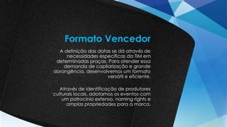 A definição das datas se dá através de
necessidades específicas da TIM em
determinadas praças. Para atender essa
demanda de capilarização e grande
abrangência, desenvolvemos um formato
versátil e eficiente.
Através de identificação de produtores
culturais locais, adotamos os eventos com
um patrocínio extenso, naming rights e
amplas propriedades para a marca.
Formato Vencedor
 