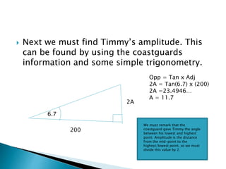  Next we must find Timmy’s amplitude. This
can be found by using the coastguards
information and some simple trigonometry.
200
6.7
2A
Opp = Tan x Adj
2A = Tan(6.7) x (200)
2A =23.4946…
A = 11.7
We must remark that the
coastguard gave Timmy the angle
between his lowest and highest
point. Amplitude is the distance
from the mid-point to the
highest/lowest point, so we must
divide this value by 2.
 