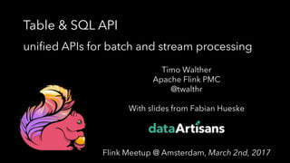 1
Timo Walther
Apache Flink PMC
@twalthr
With slides from Fabian Hueske
Flink Meetup @ Amsterdam, March 2nd, 2017
Table & SQL API
unified APIs for batch and stream processing
 