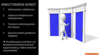 VAIKUTTAMISEN KEINOT
1. Informaation välittäminen
2. Julkiseen mielipiteeseen
vaikuttaminen
3. Tietoinen toiminta päämie-
hen lukuun
4. Suorat kontaktit päätöksen-
tekijöihin
Avainkysymys tunnistaa vai-
kuttamisen kannalta keskeiset
organisaatiot ja niiden keskeiset
avainhenkilöt
© Timo Aro 2013
 
