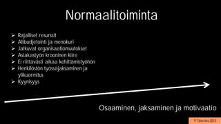 Rajalliset resurssit
Alibudjetointi ja menokuri
Jatkuvat organisaatiomuutokset
Asiakastyön krooninen kiire
Ei riittävästi aikaa kehittämistyöhön
Henkilöstön työssäjaksaminen ja
ylikuormitus
Kyynisyys
Normaalitoiminta
Osaaminen, jaksaminen ja motivaatio
© Timo Aro 2013
 