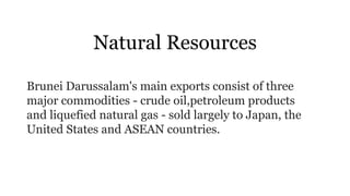 Natural Resources
Brunei Darussalam's main exports consist of three
major commodities - crude oil,petroleum products
and liquefied natural gas - sold largely to Japan, the
United States and ASEAN countries.
 