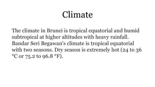 Climate
The climate in Brunei is tropical equatorial and humid
subtropical at higher altitudes with heavy rainfall.
Bandar Seri Begawan's climate is tropical equatorial
with two seasons. Dry season is extremely hot (24 to 36
°C or 75.2 to 96.8 °F).
 