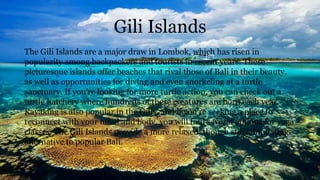 Gili Islands
The Gili Islands are a major draw in Lombok, which has risen in
popularity among backpackers and tourists in recent years. These
picturesque islands offer beaches that rival those of Bali in their beauty,
as well as opportunities for diving and even snorkeling at a turtle
sanctuary. If you're looking for more turtle action, you can check out a
turtle hatchery where hundreds of these creatures are born each year.
Kayaking is also popular in the Gilis, and if you're seeking a place to
reconnect with your mind and body, you will find several options for yoga
classes. The Gili Islands provide a more relaxed, though still stimulating,
alternative to popular Bali.
 