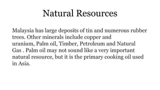 Natural Resources
Malaysia has large deposits of tin and numerous rubber
trees. Other minerals include copper and
uranium, Palm oil, Timber, Petroleum and Natural
Gas . Palm oil may not sound like a very important
natural resource, but it is the primary cooking oil used
in Asia.
 