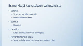 Esimerkkejä kasvatuksen vaikutuksista
• Kerava
– 5. kerta, lomalla, ammatti
– vertaisfiiliskierrokset
• Sörkka
– Rakkaus
• Ls-laitos
– Kingi, ei mitään hyvää, isoveljeys
• Hyvämaineinen koulu
– Jengi, minäkuvana tyhmyys, vertaisluennointi
 