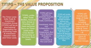 TITIPG will have                                TITIPG will
                                            mandate to         TITIPG will render
                        TITIPG, unlike                        all basic services to      include wide
 The Timor-Leste-        other Trade     promote mutually
   India Trade &                             beneficial
                                                                  the estimated         range of Stake
                      Bodies, Associat   Trade, Commerce,
                                                                40,000 members              Holders
    Investment         ions, Group or                              without any
                                                                                           including
Promotion Group         Chamber, will
                                                              charges, apart from
                                                                                       Federal & State
(TITIPG) will be an                      Investment, Indus      the Token Initial
   International       have exclusive           trial            Entrance Fees.         Governments of
 Organization for     focus on Timor-    Collaboration, Eco   While initially major     India & Timor-
                         Leste-India           nomic           funding for TITIPG      Leste, Businesse
 promoting Trade                         Cooperation, Busi       will come from
                                                                                              s&
   & Investment         Cross Border                          Patrons & Sponsors
                       Partnership at     ness to Business                             Entrepreneurs, E
  between India                             & People to       in long term TITIPG
 and Timor-Leste.      the Grass Root                         will sustain itself by        xperts &
                                               People           earning Success
                            Levels.        Partnerships at                                 Common
                                                                       Fees.           Interest Groups.
                                          The Local Level.
 