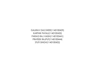 GAURAV DAS SWER(1140100429)
KARTHIK PATALI(1140100432)
PARAG RAJ VAISH(1140100441)
PRATEEK RAJPUT(1140100444)
STUTI SINGH(1140100452)
 