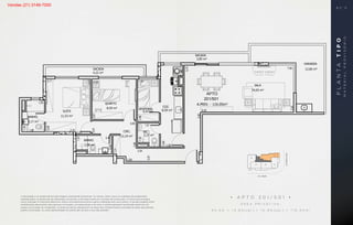 SALA
24,65 m²
COZ.
8,59 m²DESPENSA
4,47 m²
QUARTO
8,59 m²
SUÍTE
11,53 m²BANHO
3,17 m²
BANHO
2,98 m²
CIRC.
12,19 m²
WC
2,27 m²
SACADA
SACADA
VARANDA
201/501
APTO
A.PRIV. - 116.05m²
3,85 m²
4,22 m²
12,60 m²
TIMÓTEOPROJETO PRELIMINAR EM DESENVOLVIMENTO
ESTUDO PARA COMPRA DO TERRENO
APARTAME
Área Privativa:
SACADA
VARANDA
3,85 m²
BS''D
APARTAMENTO 201 / 501
Área Privativa: 90.60+14.65(var.)+10.80(sac.)=116.05 m2
• A P T O 2 0 1 / 5 0 1 •
Á R E A P R I V A T I V A :
9 0 , 6 0 + 1 4 , 6 5 ( v a r. ) + 1 0 , 8 0 ( s a c . ) = 1 1 6 , 0 5 m 2
PLANTATIPO
A decoração e os revestimentos são imagens meramente ilustrativas. Os móveis, assim como os materiais de acabamento
representados na planta são de dimensões comerciais e não fazem parte do contrato de construção. O imóvel será entregue
como indicado no memorial descritivo. Esta é uma planta provisória sujeita a alteração sem aviso prévio. O projeto poderá sofrer
modificações decorrentes das posturas municipais, concessionárias e do local. A planta apresenta localização preliminar de
pilares e prumadas de instalações. As áreas privativas representam as áreas dos compartimentos somadas às áreas das paredes,
pilares e prumadas. As cotas apresentadas em planta são de eixo a eixo das paredes.
MATERIALPROVISÓRIO
B S ” D
Vendas (21) 3149-7000
 