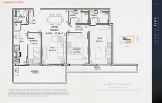 VARANDA
COZ.
7,30m² DESPENSA
5,45 m²
SALA
18,38 m²
BANHO
3,41 m²
QUARTO
9,06 m²
SUÍTE
11,98 m²
BANHO
3,41 m²
CIRC.
2,14 m²
SACADA
CIRC.
3,91m²
2,10 m²
WC
103/503
APTO
A.PRIV. - 95.32m²
11,48 m²
5,09 m²
APAR
Área P
VARANDA
COZ.
7,30m² DESPENSA
5,45 m²
SALA
18,38 m²
BANHO
3,41 m²
QUARTO
9,06 m²
SUÍTE
11,98 m²
BANHO
3,41 m²
CIRC.
2,14 m²
SACADA
CIRC.
3,91m²
2,10 m²
WC
103/503
APTO
A.PRIV. - 95.32m²
11,48 m²
5,09 m²
BS''D
APARTAMENTO 103 / 503
Área Privativa: 75.74+12.92(var.)+6.66(sac.)=95.32 m2
• A P T O 1 0 3 / 5 0 3 •
Á R E A P R I V A T I V A :
7 5 , 7 4 + 1 2 , 9 2 ( v a r. ) + 6 , 6 6 ( s a c . ) = 9 5 , 3 2 m 2A decoração e os revestimentos são imagens meramente ilustrativas. Os móveis, assim como os materiais de acabamento
representados na planta são de dimensões comerciais e não fazem parte do contrato de construção. O imóvel será entregue
como indicado no memorial descritivo. Esta é uma planta provisória sujeita a alteração sem aviso prévio. O projeto poderá sofrer
modificações decorrentes das posturas municipais, concessionárias e do local. A planta apresenta localização preliminar de
pilares e prumadas de instalações. As áreas privativas representam as áreas dos compartimentos somadas às áreas das paredes,
pilares e prumadas. As cotas apresentadas em planta são de eixo a eixo das paredes.
PLANTATIPO
MATERIALPROVISÓRIO
B S ” D
Vendas (21) 3149-7000
 