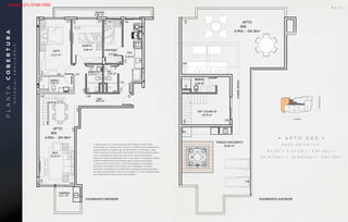 SUÍTE
12,21 m²
QUARTO
9,06 m²
BANHO
2,79 m²
DESPENSA
5,37 m²
COZ.
9,18 m²
WC
2,44 m²
CIRC.
9,87 m²
BANHO
3,44 m²
605
APTO
A.PRIV. - 204.38m²
SACADA
4.98 m²
1
82,86 m²
TERRAÇO DESCOBERTO
18,79 m²
DEP. COLUNA 05
projeçãopérgula
605
APTO
A.PRIV. - 204.38m²
BS''D
APARTAMENTO 605
Área Privativa: 84.83+5.24(var.)+6.60(sac.)+
18.84(dep.) +88.87(terr.)=204.38 m2
• A P T O 6 0 5 •
Á R E A P R I V A T I V A :
8 4 , 8 3 + 5 , 2 4 ( v a r. ) + 6 , 6 0 ( s a c . ) +
8 8 , 8 7 ( t e r r. ) + 1 8 , 8 4 ( d e p . ) = 2 0 4 , 3 8 m 2
VARANDA
SALA
19,32 m²
SUÍTE
12,21 m²
QUARTO
9,06 m²
BANHO
2,79 m²
DESPENSA
5,37 m²
COZ.
9,18 m²
WC
2,44 m²
CIRC.
9,87 m²
BANHO
3,44 m²
605
APTO
A.PRIV. - 204.38m²
4.21 m²
SACADA
4.98 m²
1
82,86 m²
TERRAÇO DESCOBERTO
18,79 m²
DEP. COLUNA 05
projeçãopérgula
605
APTO
A.PRIV. - 204.38m²
ESTUDO PARA COMPRA DO TERRENO
APARTAMENTO 605
Área Privativa: 84.83+5.24(var.)+6.60(sa
18.84(dep.) +88.87(terr.)=204.38 m2
PAVIMENTO INFERIOR PAVIMENTO SUPERIOR
A decoração e os revestimentos são imagens meramente
ilustrativas. Os móveis, assim como os materiais de acabamento
representados na planta são de dimensões comerciais e não
fazem parte do contrato de construção. O imóvel será entregue
como indicado no memorial descritivo. Esta é uma planta
provisória sujeita a alteração sem aviso prévio. O projeto poderá
sofrer modificações decorrentes das posturas municipais,
concessionárias e do local. A planta apresenta localização
preliminar de pilares e prumadas de instalações. As áreas
privativas representam as áreas dos compartimentos somadas
às áreas das paredes, pilares e prumadas. As cotas apresentadas
em planta são de eixo a eixo das paredes.
PLANTACOBERTURA
MATERIALPROVISÓRIO
B S ” D
Vendas (21) 3149-7000
 