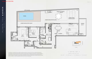 SALA
24,65 m²
COZ.
8,59 m²DESPENSA
4,47 m²
QUARTO
8,59 m²
SUÍTE
11,53 m²BANHO
3,17 m²
BANHO
2,98 m²
CIRC.
12,19 m²
WC
2,27 m²
projeção sacada pavimento superior
VARANDA
101
APTO
A.PRIV. - 173.93m²
8,93 m²
LIMITE DO LOTE
TERRAÇO DESCOBERTO
68,30 m²
projeção varanda
pavimento superior
projeção sacada pavimento superior
PISCINA
ESTUDO PARA COMPRA DO TERRENO
APARTAMENT
Área Privativa: 90.6
projeção sacada pavimento superior
LIMITE DO LOTE
TERRAÇO DESCOBERTO
68,30 m²
projeção varanda
pavimento superior
PISCINA
BS''D
APARTAMENTO 101
Área Privativa: 90.60+10.34(var.)+72.99(terr.)=173.93 m2
• A P T O 1 0 1 •
Á R E A P R I V A T I V A :
9 0 , 6 0 + 1 0 , 3 4 ( v a r. ) + 7 2 , 9 9 ( t e r r. ) = 1 7 3 , 9 3 m 2
PLANTATIPOGARDEN
MATERIALPROVISÓRIO
A decoração e os revestimentos são imagens meramente ilustrativas. Os móveis, assim como os materiais de acabamento
representados na planta são de dimensões comerciais e não fazem parte do contrato de construção. O imóvel será entregue
como indicado no memorial descritivo. Esta é uma planta provisória sujeita a alteração sem aviso prévio. O projeto poderá sofrer
modificações decorrentes das posturas municipais, concessionárias e do local. A planta apresenta localização preliminar de
pilares e prumadas de instalações. As áreas privativas representam as áreas dos compartimentos somadas às áreas das paredes,
pilares e prumadas. As cotas apresentadas em planta são de eixo a eixo das paredes.
B S ” D
Vendas (21) 3149-7000
 