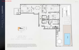 VARANDA
SALA
19,32m²
SUÍTE
12,21m²
QUARTO
9,06m²
BANHO
2,79m²
DESPENSA
5,37m²
COZ.
9,18m²
WC
2,44m²
CIRC.
9,87m²
BANHO
3,44m²
105
APTO
A.PRIV.-160.15m²
4.21m²
TERRAÇODESCOBERTO
65,82m²
projeçãosacadapavimentosuperior
PISCINA
TIMPROJETO PRELIMINAR EM DESENVOLVIMENTO
ESTUDO PARA COMPRA DO TERRENO
AP
Áre
TERRAÇODESCOBERTO
65,82m²
projeçãosacadapavimentosuperior
BS''D
APARTAMENTO 105
Área Privativa: 84.83+5.24(var.)+70.08(sac.)=160.15 m2
• A P T O 1 0 5 •
Á R E A P R I V A T I V A :
8 4 , 8 3 + 5 , 2 4 ( v a r. ) + 7 0 , 0 8 ( t e r r. ) = 1 6 0 , 1 5 m 2
A decoração e os revestimentos são imagens meramente ilustrativas. Os móveis, assim como os materiais de acabamento
representados na planta são de dimensões comerciais e não fazem parte do contrato de construção. O imóvel será entregue
como indicado no memorial descritivo. Esta é uma planta provisória sujeita a alteração sem aviso prévio. O projeto poderá sofrer
modificações decorrentes das posturas municipais, concessionárias e do local. A planta apresenta localização preliminar de
pilares e prumadas de instalações. As áreas privativas representam as áreas dos compartimentos somadas às áreas das paredes,
pilares e prumadas. As cotas apresentadas em planta são de eixo a eixo das paredes.
PLANTATIPOGARDEN
MATERIALPROVISÓRIO
B S ” D
Vendas (21) 3149-7000
 