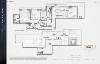SALA
24,65 m²
COZ.
8,59 m²DESPENSA
4,47 m²
QUARTO
8,59 m²
SUÍTE
11,53 m²BANHO
3,17 m²
BANHO
2,98 m²
CIRC.
12,19 m²
WC
2,27 m²
SACADA
SACADA
VARANDA
601
APTO
A.PRIV. - 208.01m²
3,85 m²
4,22 m²
12,60 m²
SALA
14,34 m²
66,61 m²
TERRAÇO
14,34 m²
BANHO
2,26 m²
projeção pérgula
601
APTO
A.PRIV. - 208.01m²
ESTUDO PRELIMINAR
TIMÓTEO
Esta é uma planta provisória sujeita a alteração sem aviso prévio. O projeto poderá sofrer modificações decorrentes das posturas municipais e das concessionárias locais. A planta não apresenta localização de pilares e prumadas de instalações, pois se
trata apenas de um estudo preliminar. As áreas descritas são referentes à área privativa de cada unidade. As áreas privativas representam as áreas dos compartimentos somadas as áreas de paredes. As cotas são de eixo a eixo de cada parede.
PROJETO PRELIMINAR EM DESENVOLVIMENTO
ESTUDO PARA COMPRA DO TERRENO
APARTAMENTO 601
Área Privativa: 90.60+14.65(var.)+10.80(s
+71.13(terr.)+20.83(dep.)=208.01 m2
COBERTURA: UNIDA
PAVIMENTO INFERI
PAVIMENTO INFERIOR
PAVIMENTO SUPERIOR
SALA
24,65 m²
COZ.
8,59 m²DESPENSA
4,47 m²
QUARTO
8,59 m²
SUÍTE
11,53 m²BANHO
3,17 m²
BANHO
2,98 m²
CIRC.
12,19 m²
WC
2,27 m²
SACADA
SACADA
VARANDA
601
APTO
A.PRIV. - 208.01m²
3,85 m²
4,22 m²
12,60 m²
SALA
14,34 m²
66,61 m²
TERRAÇO
14,34 m²
BANHO
2,26 m²
projeção pérgula
601
APTO
A.PRIV. - 208.01m²
ESTUDO PRELIMINAR
TIMÓTEO
Esta é uma planta provisória sujeita a alteração sem aviso prévio. O projeto poderá sofrer modificações decorrentes das posturas municipais e das concessionárias locais. A planta não apresenta localização de pilares e prumadas de instalações, pois se
trata apenas de um estudo preliminar. As áreas descritas são referentes à área privativa de cada unidade. As áreas privativas representam as áreas dos compartimentos somadas as áreas de paredes. As cotas são de eixo a eixo de cada parede.
PROJETO PRELIMINAR EM DESENVOLVIMENTO
ESTUDO PARA COMPRA DO TERRENO
APARTAMENTO 601
Área Privativa: 90.60+14.65(v
+71.13(terr.)+20.83(dep.)=20
COBERT
PAVIME
PAVIMENTO INFERIOR
PAVIMENTO SUPERIOR
SALA
24,65 m²
COZ.
8,59 m²DESPENSA
4,47 m²
QUARTO
8,59 m²
SUÍTE
11,53 m²BANHO
3,17 m²
CIRC. WC
SACADA
SACADA
VARANDA
601
APTO
A.PRIV. - 208.01m²
3,85 m²
4,22 m²
12,60 m²
BS
APARTAMENTO 601
Área Privativa: 90.60+14.65(var.)+10.80(sac.)
+71.13(terr.)+20.83(dep.)=208.01 m2
• A P T O 6 0 1 •
Á R E A P R I V A T I V A :
9 0 , 6 0 + 1 4 , 6 5 ( v a r. ) + 1 0 , 8 0 ( s a c . ) + 7 1 , 1 3 ( t e r r. ) + 2 0 , 8 3 ( d e p . ) = 2 0 8 , 0 1 m 2
PLANTACOBERTURA
A decoração e os revestimentos são imagens meramente ilustrativas. Os móveis, assim como os materiais de acabamento
representados na planta são de dimensões comerciais e não fazem parte do contrato de construção. O imóvel será entregue
como indicado no memorial descritivo. Esta é uma planta provisória sujeita a alteração sem aviso prévio. O projeto poderá sofrer
modificações decorrentes das posturas municipais, concessionárias e do local. A planta apresenta localização preliminar de
pilares e prumadas de instalações. As áreas privativas representam as áreas dos compartimentos somadas às áreas das paredes,
pilares e prumadas. As cotas apresentadas em planta são de eixo a eixo das paredes.
MATERIALPROVISÓRIO
B S ” D
Vendas (21) 3149-7000
 