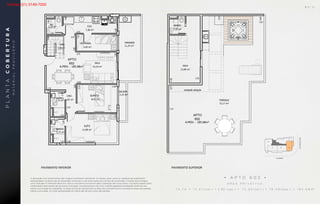 SALA
19,19 m²
DESPENSA
5,45 m²
COZ.
7,38 m²
VARANDA
CIRC.
3,91m²
602
APTO
A.PRIV. - 185.68m²
WC
2,10 m²
11,25 m²
SALA
13,96 m²
BANHO
2,10 m²
BS''D
APARTAMENTO 602
Área Privativa: 74.74+12.67(var.)+2.93(sac.)
+75.95(terr.)+19.39(dep.)=185.68 m2
• A P T O 6 0 2 •
Á R E A P R I V A T I V A :
7 4 , 7 4 + 1 2 , 6 7 ( v a r. ) + 2 , 9 3 ( s a c . ) + 7 5 , 9 5 ( t e r r. ) + 1 9 , 3 9 ( d e p . ) = 1 8 5 , 6 8 m 2
BANHO
2,72 m²
SUÍTE
11,90 m²
QUARTO
8,93 m²
SALA
19,19 m²
DESPENSA
5,45 m²
COZ.
7,38 m²
CIRC.
1,87 m²
VARANDA
CIRC.
3,91m²
602
APTO
A.PRIV. - 185.68m²
BANHO
2,72 m²
WC
2,10 m²
11,25 m²
2,15 m²
SACADA
SALA
13,96 m²
72,17 m²
TERRAÇO
BANHO
2,10 m²
projeção pérgula
602
APTO
A.PRIV. - 185.68m²
ESTUDO PRELIMINAR
TIMÓTEO
Esta é uma planta provisória sujeita a alteração sem aviso prévio. O projeto poderá sofrer modificações decorrentes das posturas municipais e das concessionárias locais. A planta não apresenta localização de pilares e prumadas de instalações, pois se
trata apenas de um estudo preliminar. As áreas descritas são referentes à área privativa de cada unidade. As áreas privativas representam as áreas dos compartimentos somadas as áreas de paredes. As cotas são de eixo a eixo de cada parede.
PROJETO PRELIMINAR EM DESENVOLVIMENTO
ESTUDO PARA COMPRA DO TERRENO
APARTAMENTO 60
Área Privativa: 74.74+12.6
+75.95(terr.)+19.39(dep.)=
COB
PAV
PAVIMENTO SUPERIORPAVIMENTO INFERIOR
A decoração e os revestimentos são imagens meramente ilustrativas. Os móveis, assim como os materiais de acabamento
representados na planta são de dimensões comerciais e não fazem parte do contrato de construção. O imóvel será entregue
como indicado no memorial descritivo. Esta é uma planta provisória sujeita a alteração sem aviso prévio. O projeto poderá sofrer
modificações decorrentes das posturas municipais, concessionárias e do local. A planta apresenta localização preliminar de
pilares e prumadas de instalações. As áreas privativas representam as áreas dos compartimentos somadas às áreas das paredes,
pilares e prumadas. As cotas apresentadas em planta são de eixo a eixo das paredes.
PLANTACOBERTURA
MATERIALPROVISÓRIO
B S ” D
Vendas (21) 3149-7000
 