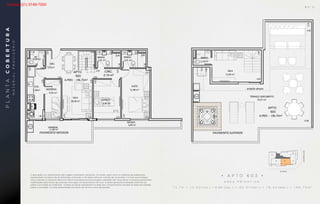 VARANDA
COZ.
7,30m² DESPENSA
5,45 m²
SALA
18,38 m²
BANHO
3,41 m²
QUARTO
9,06 m²
SUÍTE
11,98 m²
BANHO
3,41 m²
CIRC.
2,14 m²
SACADA
CIRC.
3,91m²
2,10 m²
WC
603
APTO
A.PRIV. - 196.75m²
11,48 m²
5,09 m²
SALA
13,50 m²
2,10 m²
BANHO
p
Esta é uma planta provisória sujeita a alteração sem aviso prévio. O projeto poderá sofrer modificações decorrentes das posturas municipais e das concessionárias locais. A planta não apresenta localização de pilares e prumadas de instalações, pois se
trata apenas de um estudo preliminar. As áreas descritas são referentes à área privativa de cada unidade. As áreas privativas representam as áreas dos compartimentos somadas as áreas de paredes. As cotas são de eixo a eixo de cada parede.
PROJETO PRELIMINAR EM DESENVOLVIMENTO
ESTUDO PARA COMPRA DO TERRENO
APARTAMENTO 603
Área Privativa: 75.74+12.92(var.)+6.66(sac.)
+19.42(dep.)+82.01(terr.)=196.75 m2
PAVIMENTO INFERIOR PAVIMENTO SUPERIOR
• A P T O 6 0 3 •
Á R E A P R I V A T I V A :
7 5 , 7 4 + 1 2 , 9 2 ( v a r. ) + 6 , 6 6 ( s a c . ) + 8 2 , 0 1 ( t e r r. ) + 1 9 , 4 2 ( d e p . ) = 1 9 6 , 7 5 m 2
VARANDA
COZ.
7,30m² DESPENSA
5,45 m²
SALA
18,38 m²
BANHO
3,41 m²
QUARTO
9,06 m²
SUÍTE
11,98 m²
BANHO
3,41 m²
CIRC.
2,14 m²
SACADA
CIRC.
3,91m²
2,10 m²
WC
603
APTO
A.PRIV. - 196.75m²
11,48 m²
5,09 m²
SALA
13,50 m²
79,37 m²
TERRAÇO DESCOBERTO
2,10 m²
BANHO
projeção pérgula
603
APTO
A.PRIV. - 196.75m²
BS''
ESTUDO PARA COMPRA DO TERRENO
APARTAMENTO 603
Área Privativa: 75.74+12.92(var.)+6.66(sac.)
PAVIMENTO INFERIOR PAVIMENTO SUPERIOR
A decoração e os revestimentos são imagens meramente ilustrativas. Os móveis, assim como os materiais de acabamento
representados na planta são de dimensões comerciais e não fazem parte do contrato de construção. O imóvel será entregue
como indicado no memorial descritivo. Esta é uma planta provisória sujeita a alteração sem aviso prévio. O projeto poderá sofrer
modificações decorrentes das posturas municipais, concessionárias e do local. A planta apresenta localização preliminar de
pilares e prumadas de instalações. As áreas privativas representam as áreas dos compartimentos somadas às áreas das paredes,
pilares e prumadas. As cotas apresentadas em planta são de eixo a eixo das paredes.
PLANTACOBERTURA
MATERIALPROVISÓRIO
B S ” D
Vendas (21) 3149-7000
 