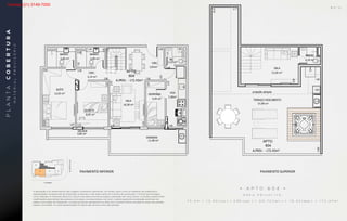 BS''D
APARTAMENTO 604
Área Privativa: 75.44+12.92(var.)+3.93(sac.)
+19.42(dep.)+60.72(terr.)=172.43 m2
• A P T O 6 0 4 •
Á R E A P R I V A T I V A :
7 5 , 4 4 + 1 2 , 9 2 ( v a r. ) + 3 , 9 3 ( s a c . ) + 6 0 , 7 2 ( t e r r. ) + 1 9 , 4 2 ( d e p . ) = 1 7 2 , 4 3 m 2
VARANDA
SALA
18,38 m²
BANHO
3,40 m²
BANHO
3,40 m²
SUÍTE
12,03 m²
QUARTO
8,95 m²
DESPENSA
5,45 m²
COZ.
7,30m²
CIRC.
2,14 m²
SACADA
CIRC.
3,91m²
2,10 m²
604
APTO
A.PRIV. - 172.43m²
WC
11,48 m²
3,00 m²
57,99 m²
TERRAÇO DESCOBERTO
SALA
13,50 m²
BANHO
2,10 m²
604
APTO
A.PRIV. - 172.43m²
projeção pérgula
ESTUDO PREL
TIMÓTEO
Esta é uma planta provisória sujeita a alteração sem aviso prévio. O projeto poderá sofrer modificações decorrentes das posturas municipais e das concessionárias locais. A planta não apresenta localização de pilares e prumadas de instalações, pois se
trata apenas de um estudo preliminar. As áreas descritas são referentes à área privativa de cada unidade. As áreas privativas representam as áreas dos compartimentos somadas as áreas de paredes. As cotas são de eixo a eixo de cada parede.
PROJETO PRELIMINAR EM DESENVOLVIMENTO
ESTUDO PARA COMPRA DO TERRENO
APARTAM
Área Privati
+19.42(dep
PAVIMENTO INFERIOR PAVIMENTO SUPERIOR
A decoração e os revestimentos são imagens meramente ilustrativas. Os móveis, assim como os materiais de acabamento
representados na planta são de dimensões comerciais e não fazem parte do contrato de construção. O imóvel será entregue
como indicado no memorial descritivo. Esta é uma planta provisória sujeita a alteração sem aviso prévio. O projeto poderá sofrer
modificações decorrentes das posturas municipais, concessionárias e do local. A planta apresenta localização preliminar de
pilares e prumadas de instalações. As áreas privativas representam as áreas dos compartimentos somadas às áreas das paredes,
pilares e prumadas. As cotas apresentadas em planta são de eixo a eixo das paredes.
PLANTACOBERTURA
MATERIALPROVISÓRIO
B S ” D
Vendas (21) 3149-7000
 