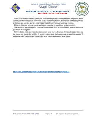 Instituto de Educación Superior Tecnológico Público
“Adolfo Vienrich”
PROGRAMA DE ESTUDIOS “TECNICA EN FARMACIA “
ANATOMIA Y PATOLOGIA HUMANA
Prof.: Jhony Aurelio PRIETO FLORES. Página 9 Ser capaces de producir y servir…
Cada músculo está formado por fibras –células alargadas– unidas por tejido conjuntivo; éstas
constituyen fascículos que contienen en su interior miofibrillas, filamentos formados por dos
proteínas que son las que provocan la contracción del músculo: actina y miosina.
El punto de unión entre el nervio y el tejido muscular lo constituye la placa motora.
Los tendones se asemejan a cuerdas inextensibles; son de color blanco y están formados
por fibras de colágeno.
Por medio de ellos, los músculos se insertan en el hueso. Cuando el músculo se contrae, tira
del hueso por medio del tendón. El tendón más grande de nuestro cuerpo es el de Aquiles. A
través de éste, los músculos posteriores de la pierna se insertan en el tobillo.
.
https://es.slideshare.net/MitziOficial/sistema-muscular-45495827
 