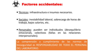  Técnicos: infraestructura e insumos necesarios.
 Sociales: inestabilidad laboral, sobrecarga de horas de
trabajo, bajos salarios, etc.
 Personales: pueden ser individuales (desequilibrio
emocional), colectivos (fallas en las relaciones
interpersonales).
Factores accidentales:
La comprensión y cumplimiento de las normas de
bioseguridad es RESPONSABILIDAD DE TODO EL PERSONAL
DEL LABORATORIO.
 