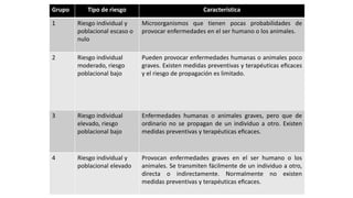 •
Grupo Tipo de riesgo Característica
1 Riesgo individual y
poblacional escaso o
nulo
Microorganismos que tienen pocas probabilidades de
provocar enfermedades en el ser humano o los animales.
2 Riesgo individual
moderado, riesgo
poblacional bajo
Pueden provocar enfermedades humanas o animales poco
graves. Existen medidas preventivas y terapéuticas eﬁcaces
y el riesgo de propagación es limitado.
3 Riesgo individual
elevado, riesgo
poblacional bajo
Enfermedades humanas o animales graves, pero que de
ordinario no se propagan de un individuo a otro. Existen
medidas preventivas y terapéuticas eﬁcaces.
4 Riesgo individual y
poblacional elevado
Provocan enfermedades graves en el ser humano o los
animales. Se transmiten fácilmente de un individuo a otro,
directa o indirectamente. Normalmente no existen
medidas preventivas y terapéuticas eﬁcaces.
 