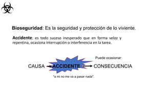 CAUSA ACCIDENTE CONSECUENCIA
Accidente: es todo suceso inesperado que en forma veloz y
repentina, ocasiona interrupción o interferencia en la tarea.
Bioseguridad: Es la seguridad y protección de lo viviente.
Puede ocasionar:
"a mi no me va a pasar nada".
 