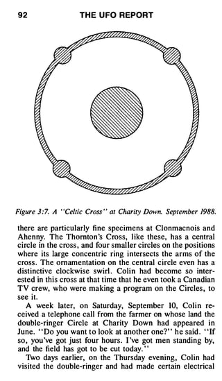 92                   TH E U FO REPORT




Figure 3 : 7. A ' 'Celtic Cross ' ' at Charity Down. September 1988.

there are particularly fine specimens at Clonmacnois and
Ahenny. The Thornton 's Cross, l ike these, has a central
circle in the cross , and four smaller circles on the positions
where its large concentric ring intersects the arms of the
cross . The ornamentation on the central circle even has a
distinctive clockwise swirl . Colin had become so inter­
ested in this cross at that time that he even took a Canadian
TV crew, who were making a program on the Circles , to
see it.
   A week later, on Saturday, September 10, Colin re­
ceived a telephone call from the farmer on whose land the
double-ringer Circle at Charity Down had appeared in
June. " Do you want to look at another one?" he said . " If
so , you've got just four hours. I 've got men standing by,
and the field has got to be cut today. ' '
   Two days earlier, on the Thursday evening, Colin had
visited the double-ringer and had made certain electrical
 