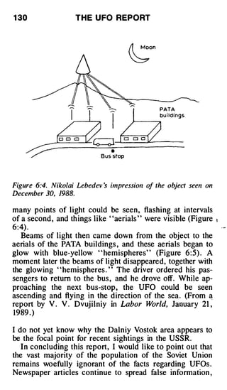 1 30                T H E U FO REPORT



                                       �    on




                                                 PATA
                                                 bu i l dings




                                •
                            Bus stop




Figure 6:4. Nikolai Lebedev s impression of the object seen on
December 30, 1988.

many points of light could be seen, flashing at intervals
of a second , and things like ' 'aerials ' ' were visible (Figure   ,

6:4) .
   Beams of light then came down from the object to the
aerials of the PATA buildings , and these aerials began to
glow with blue-yellow " hemispheres" (Figure 6:5) . A
moment later the beams of light disappeared, together with
the glowing " hemispheres . " The driver ordered his pas­
sengers to return to the bus , and he drove off. While ap­
proaching the next bus-stop, the UFO could be seen
ascending and flying in the direction of the sea. (From �
report by V . V . Dvujilniy in Labor World, January 21 ,
1989 . )

I do not yet know why the Dalniy Vostok area appears to
be the focal point for recent sightings in the USSR.
   In concluding this report, I would like to point out that
the vast majority of the population of the Soviet Union
remains woefully ignorant of the facts regarding UFOs .
Newspaper articles continue to spread false information ,
 
