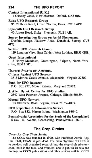 224                  THE U FO REPORT
Contact International (U .K.)
  1 1 Ouseley Close , New Marston, Oxford , OX3 OJS .

Essex UFO Research Group
  95 Chilburn Road, Great Clacton, Essex, C0 1 5 4PE.

Plymouth UFO Research Group
  40 Albert Road, Stoke , Plymouth , PL2 l AE .

Surrey Investigation Grou p o n Aerial Phenomena
  Durfold Lodge, Plaistow Road, Dunsfold , Surrey, GU S
4PQ .

Scottish UFO Research Group
  129 Langton View, East Calder, West Lothian , EH53 ORE .

Quest International
  18 Hardy M eadows , Grassingto n , Skipto n , North York­
shire , B D 2 3 5DL

UNITED STATES OF AMERICA
Citizens Against UFO Secrecy
  3518 Martha Custis Avenue, Alexandria , Virginia 22302 .

Fund for UFO Research
  P . O . Box 277 , Mount Rainier, Maryland 207 1 2 .

J. Allen Hynek Center for UFO Studies
  2547 West Peterson Avenue, Chicago , Illinois 60659 .

Mutual UFO Network
 103 Oldtowne Road, Seguin, Texas 781 55-4099 .

UFO Reporting & Information Service
 P. 0. Box 832, Mercer Island, Washington 98040 .

Pennsylvania Association for the Study of the Unexplained
  6 Oak Hill Avenue , Greensburg, Pennsylvania 15601 .



                     The Crop Circles
Center f Crop Circle Studies
        or
   The CCCS was founded in 1990, with Professor Archie Roy,
BSc , PhD, FRAS, as president. The main objective of CCCS is
to conduct well organized research into the crop circle phenom­
enon, both in the U . K. and overseas , and to publ ish its data and
findings in CCCS publications and other serious outlets . CCCS
 