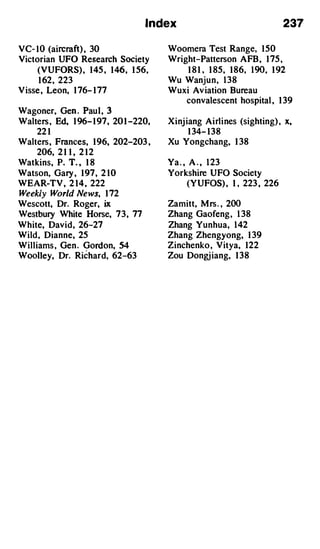 Index                                   237

VC- 1 0 (aircraft) , 30                Woomera Test Range, 1 50
Victorian UFO Research Society         Wright-Patterson AFB , 1 75 ,
     (VUFORS) , 145 , 146, 1 56,             1 8 1 ' 1 85, 1 86, 1 90, 1 92
     1 62, 223                         Wu Wanjun, 1 38
V isse , Leon, 1 76- 1 77              Wuxi Av iation Bureau
                                          convalescent hospital , 1 39
Wagoner, Gen . Pau l , 3
Walters , Ed, 1 96- 1 97, 20 1 -220,   Xinj iang Airlines (sighting) , x,
     22 1                                    1 34- 1 38
Walters, Frances, 1 96, 202-203 ,      Xu Yongchang, 1 38
     206, 2 1 1 ' 2 1 2
Watkins, P. T. , 1 8                   Ya . , A . , 1 23
Watson, Gary , 1 97, 2 1 0             Yorkshire UFO Society
WEAR-TV , 2 14, 222                        (YUFOS) , 1 , 223 , 226
Weekly World News, 1 72
Wescott, Dr. Roger, ix                 Zamitt, M rs . , 200
Westbury White Horse, 73, 77           Zhang Gaofeng , 1 38
White, David, 26-27                    Zhang Yunhua, 1 42
Wild, Dianne, 25                       Zhang Zhengyong, 1 39
Williams , Gen . Gordon, 54            Zinchenko , Vitya, 122
Woolley, Dr. Richard, 62-63            Zou Dongj iang, 1 38
 
