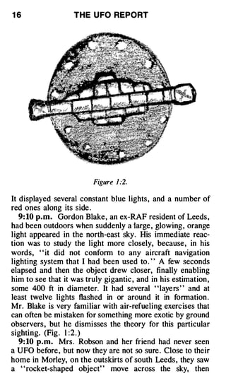 16                 THE U FO REPORT




                         Figure 1:2.

It displayed several constant blue lights , and a number of
red ones along its side .
   9:10 p.m. Gordon Blake, an ex-RAF resident of Leeds,
had been outdoors when suddenly a large, glowing, orange
light appeared in the north-east sky. His immediate reac­
tion was to study the light more closely, because, in his
words, " it did not conform to any aircraft navigation
lighting system that I had been used to . " A few seconds
elapsed and then the object drew closer, finally enabling
him to see that it was truly gigantic , and in his estimation,
some 400 ft in diameter. It had several "layers " and at
least twelve lights flashed in or around it in formation .
Mr. Blake is very familiar with air-refueling exercises that
can often be mistaken for something more exotic by ground
observers , but he dismisses the theory for this particular
sighting. (Fig . 1 :2.)
   9:10 p.m. Mrs. Robson and her friend had never seen
a UFO before , but now they are not so sure . Close to their
home in Morley, on the outskirts of south Leeds , they saw
a " rocket-shaped object" move across the sky, then
 