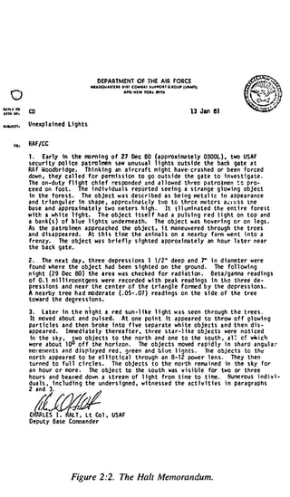 OF THE AIR FORCE

   0
                                           DEPARTMENT
                                        HUDOVAI!UI lllf COMIAf JUP�U COIOUP (UINII
                                                    A10 HEW '0111: 1971J



IUP'Y TO
AJIN 01'1   CD                                                                         13 Jll 81

            Unexpl a i ned L i ghts




                                the
     •o•    RAF/CC

            1.    Early in           mo rn i n g o f 27 Dec 80 ( a pproxi ma te l y 0300L ) , two USAF
            secu r i ty po l i ce pa t ro l men saw unusual l i ghts outs i de the back gate a t
            RA F Woodbr i dge . Th i n k i n g an a i rc raft m i ght h ave· c r a s hed or been fo rced
            down , t h ey c a l l ed for permi s s i on to go o u t s i de the g a t e to i n ve s t � g a te .
            The on-duty f l i gh t ch i e f re s pondec.l and a l l owed three p a t ro l men t c pro­
            ceed on foo t .        The i nd i v i dua l s reported s ee i n g a s t ra n g e g l ow i n g obj e c t
            i n the fore s t .      The o b j e c t w a s d e sc r i bed a s be i � g me t a l i c i n a ppea ra n c e
            and t r i an gu l a r i n s h a pe , a pprc x i r.',a l (: l y h1o tc t h r e e me t e r s a ..: • ·(: s s the
            ba se a n d a p p rox i ma t e l y two n�ters h i gh .           It i l l umi n a t ed t h e e n t i re fore s t

            a ba n k ( s ) o f b l ue l i g h t s unde rnea t h .
            w i th a wh i te l tg h t .      T h e obj e c t i t s e l f h a d a pu l s i n g r e d l i gh t on t o p and
                                                                          The obj e c t was hove r i n g o r o n l e gs .
            As the p a t ro l men a pproa ched the objec t . i t maneuvered t hrough t h e t rees
            and d i s a ppea red .     At t h i s t i me the a n i ma l s on a nea rby farm we n t i n to a
            frenzy.       The o bj e c t wa s b r i e fl y s i gh ted a pprox i ma t e l y an hour l a te r n e a r
            the b a c k g a t e .




                                       t
            2.  . The n e x t day , th re e depre s s i on s 1 l / 2 " dee p a n d 7" i n d i ameter were
            found whe re the obj e c t had been s i gh t e d on the groun d .                   The fol l owi n g
            n i gh t ( 2 9 Dec 80 )     h e a re a was checked for rad i at i on . B e t a / ga��a read i ng s
            o f 0. 1 mi l l i rocn t ge n s were recorded w i th pe a k read i n g s i n the t h ree d e ­
            pre s s i on s a n d nea r t h e c e n t e r o f t h e t r i an g l e f o rme d b y the depres s i on s .
            A nea rby t ree h a d mo d e r a t e ( . 05- . 07 ) rea d i ngs o n t he s i de o f the tree



                                                       At
            toward t h e deere s s i on s .

            3.     l a t e r i n t h e n i g h t a red sun - l i ke l i gh t w a s seen th rough t h e t ree s .
             It noved about a n d pu l s e d .                one po i n t i t a ppea red to throw o f f g l owi n g
            pa r t i c l e s a n d then broke i n to f i ve sepa rate wh i te obj e c ts a n d t h e n d i s ­
            appe a red .       I rrrne d i a te l y therea fte r , tht·ee s t a r- l i ke obj e c ts were n o t i ced
            in t he s ky ,        two o bj ec t s to the north a n d one to t he s o u th , a l � cf � i c h
            were a bo u t 1 0° o f f the h o r i zon .          The o bj e c t s moved ra p i d l y i n s h a r p a ng u l a :·
            nxn·emen t s and d i s p l Cyed red , !} reen an d tll •J� 1 i gh t s .        The o bj e c ts to th�
            north a ppea red to be e l l i p t i c a l t h rough an 8- 1 2 powe r l en s .             They then
            tu rned to f u l l c i rc l e s .         The obj e c t s t o the no t"th rema i ned in the s ky for
            a n hour o r more .              The o bj e c t to the sou t h was v i s i b l e for two or t h ree



                                   �
            hours and bean�d down a s t ream of l i g h t from t i me to t i me .                     Nume rous i nd i v i ­

            2 and 3.
            d ua l s , i nc l ud i n g t he unders i gned , wi t n e s s e d the ac t i v i t i e s i n paragraphs




            Cl�Lt                  Co l ,
            Deputy Base Comma n d e r
                                                  USAF




                               Figure 2 :2. The Halt Memorandum.
 